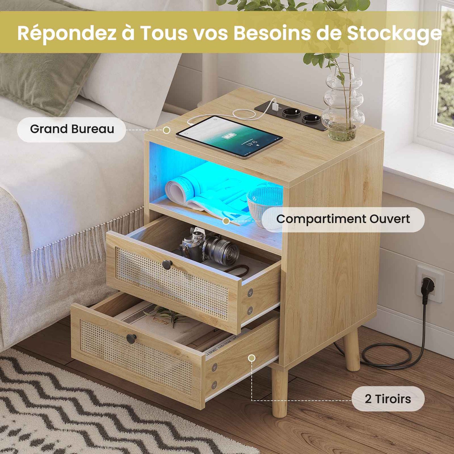 Table de Chevet en Rotin avec Avec Lumières LED et Multiprise 2 Prises CA 2 Ports USB Tables d'appoint avec 2 Tiroirs et Compartiment