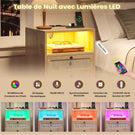 Table de Chevet en Rotin avec Avec Lumières LED et Multiprise 2 Prises CA 2 Ports USB Tables d'appoint avec 2 Tiroirs et Compartiment