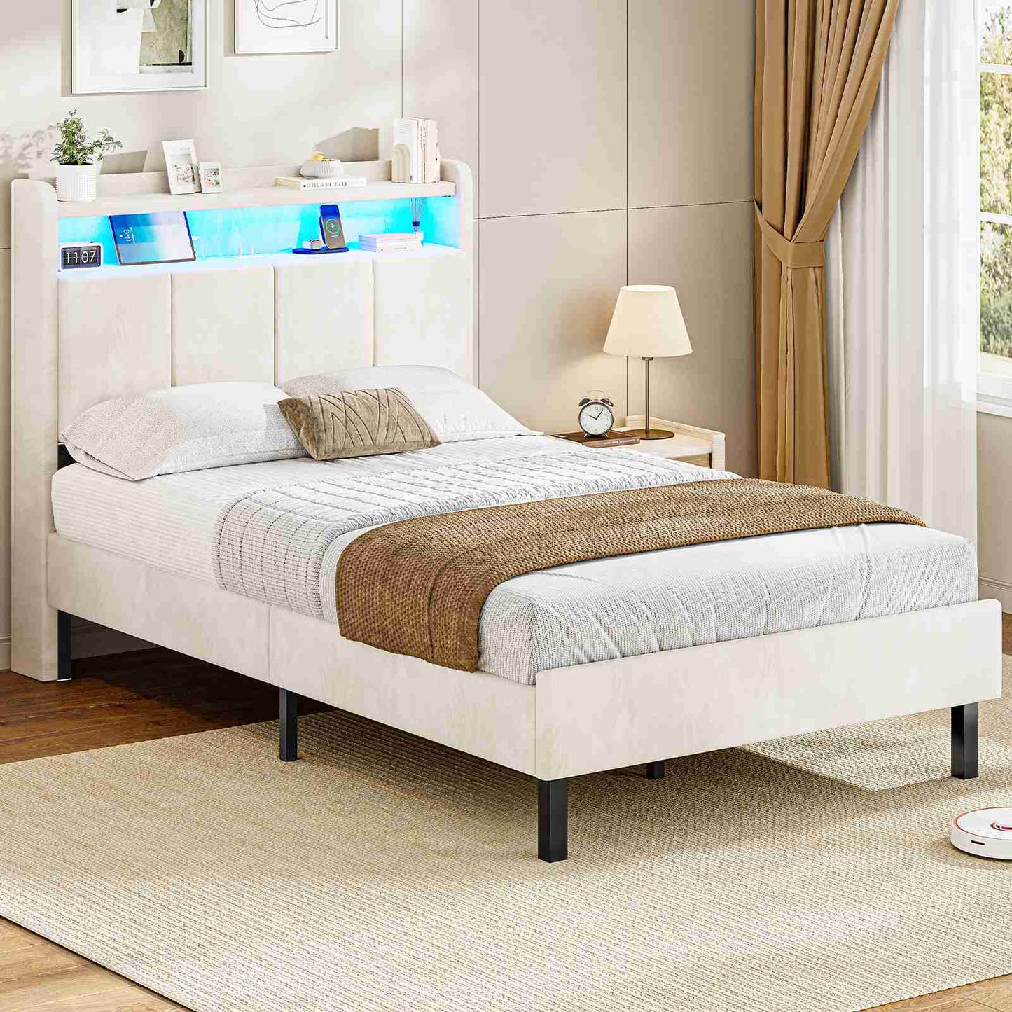 AOGLLATI Cadre de Lit avec Double Etagères (Velours Beige, 90x190cm)
