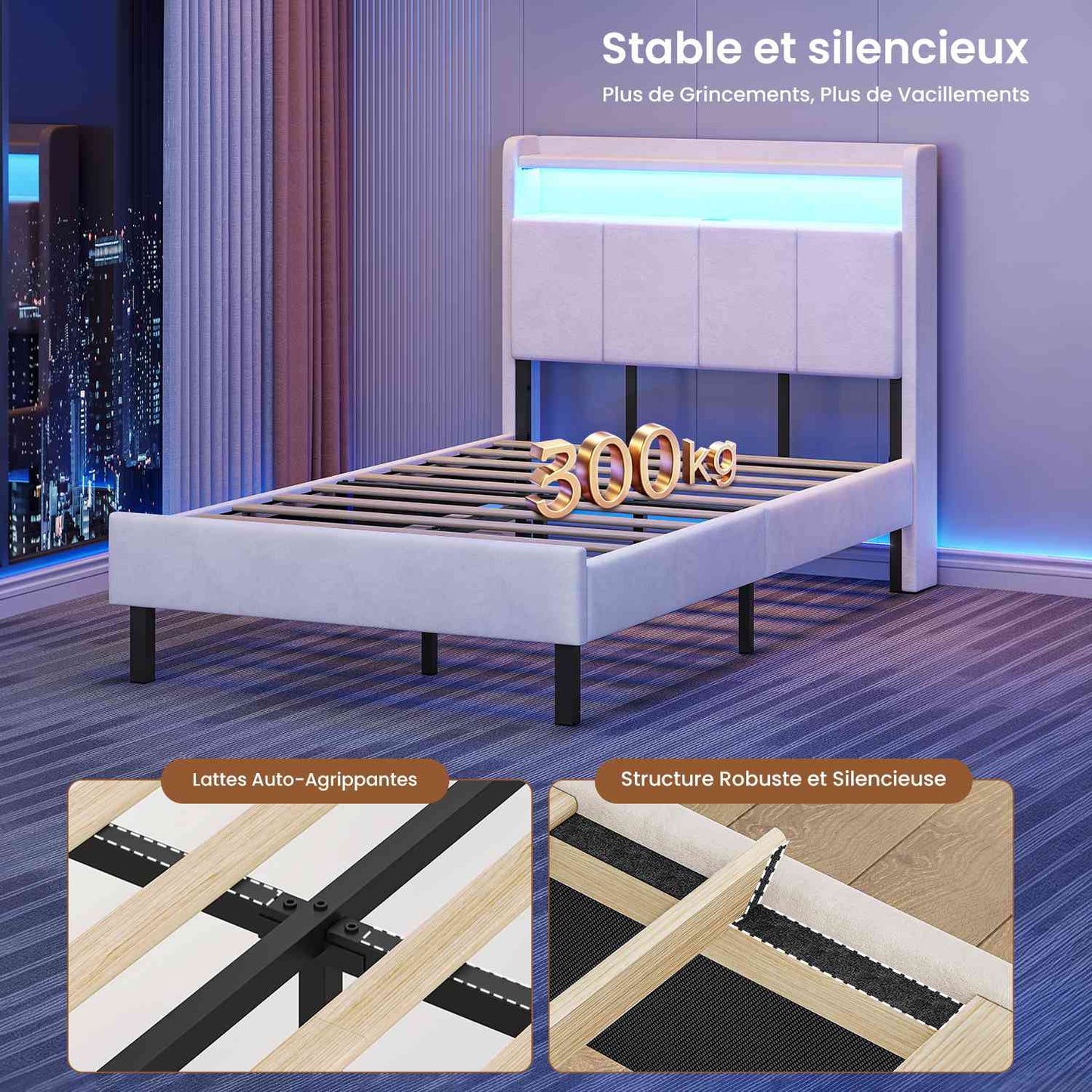 AOGLLATI Cadre de Lit avec Double Etagères (Velours Beige, 90x190cm)
