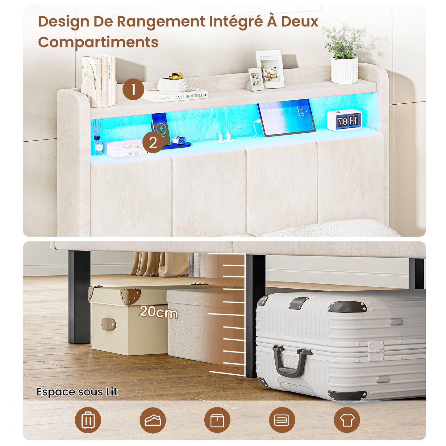 AOGLLATI Cadre de Lit avec Double Etagères (Velours Beige, 90x190cm)