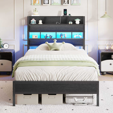 AOGLLATI Lit 90x200 avec Sommier en Métal Noir Lit Double avec Multiprise USB Ruban LED et 3 Étagères Ouvertes