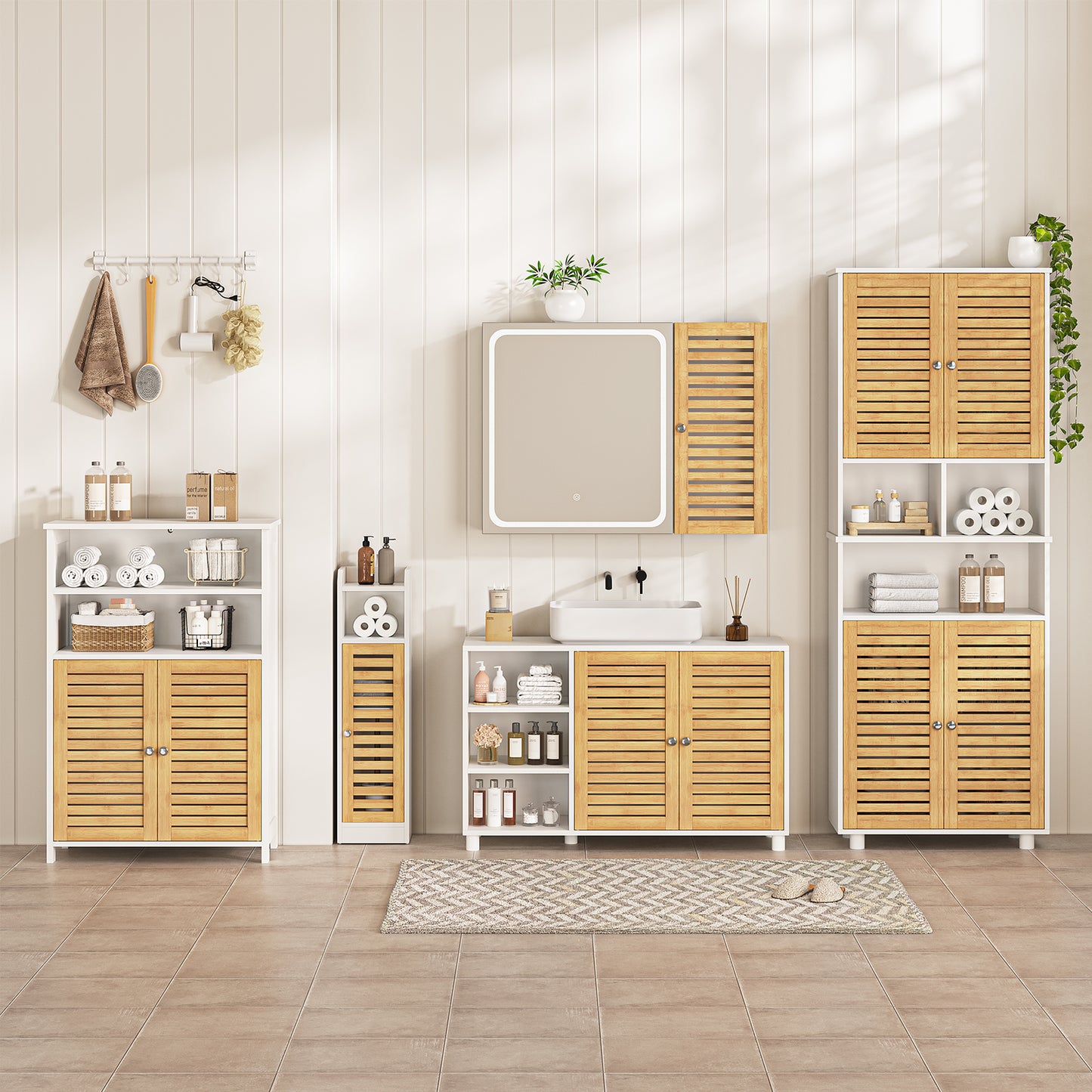 Meuble de rangement de salle de bains AOGLLATI équipé de 2 étagères réglables et de 2 espaces de rangement ouverts coiffeuse avec portes en bambou dimensions : 20 x 20 x 80 cm blanc