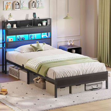 AOGLLATI Lit 90x200 avec Sommier en Métal Noir Lit Double avec Multiprise USB Ruban LED et 3 Étagères Ouvertes