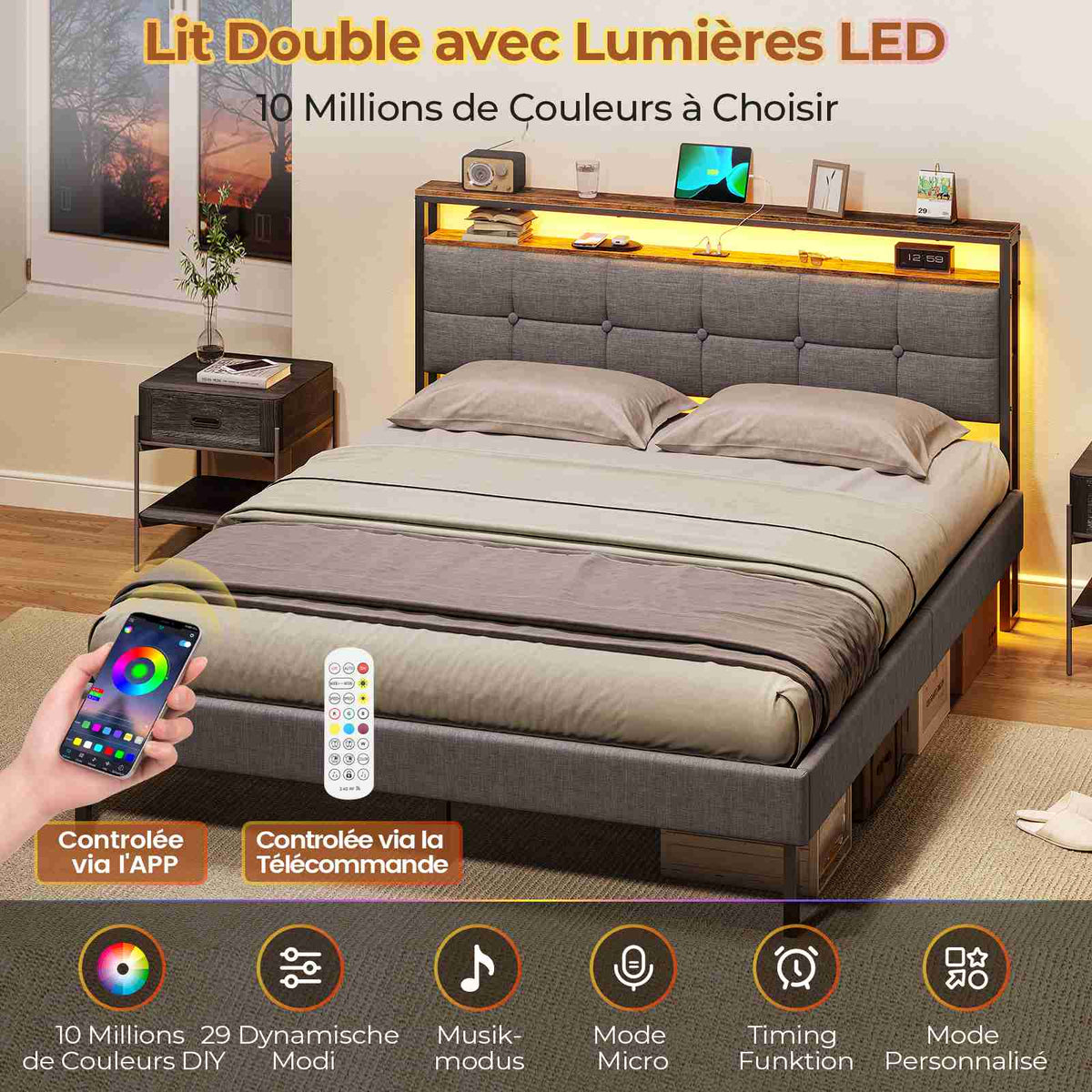 Lit double AOGLLATI 160 x 200 avec multiprise et éclairage LED réglable équipé d'un sommier métallique