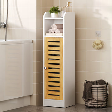 Meuble de rangement de salle de bains AOGLLATI équipé de 2 étagères réglables et de 2 espaces de rangement ouverts coiffeuse avec portes en bambou dimensions : 20 x 20 x 80 cm blanc