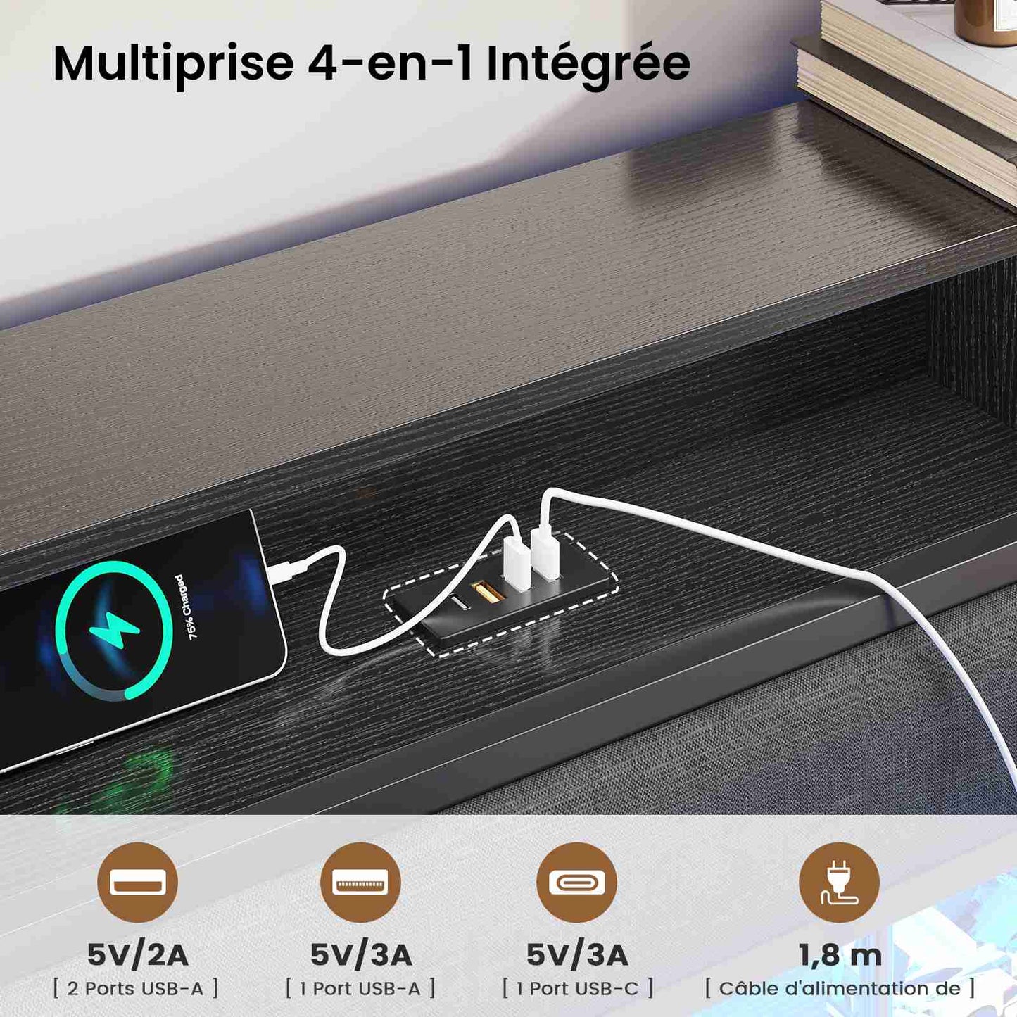 AOGLLATI Lit 90x200 avec Sommier en Métal Noir Lit Double avec Multiprise USB Ruban LED et 3 Étagères Ouvertes