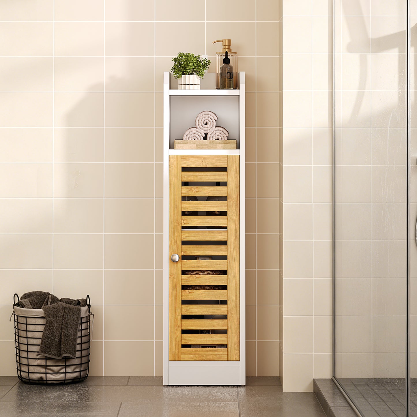 Meuble de rangement de salle de bains AOGLLATI équipé de 2 étagères réglables et de 2 espaces de rangement ouverts coiffeuse avec portes en bambou dimensions : 20 x 20 x 80 cm blanc