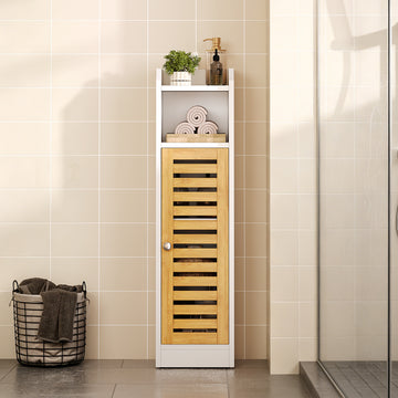 Meuble de rangement de salle de bains AOGLLATI équipé de 2 étagères réglables et de 2 espaces de rangement ouverts coiffeuse avec portes en bambou dimensions : 20 x 20 x 80 cm blanc