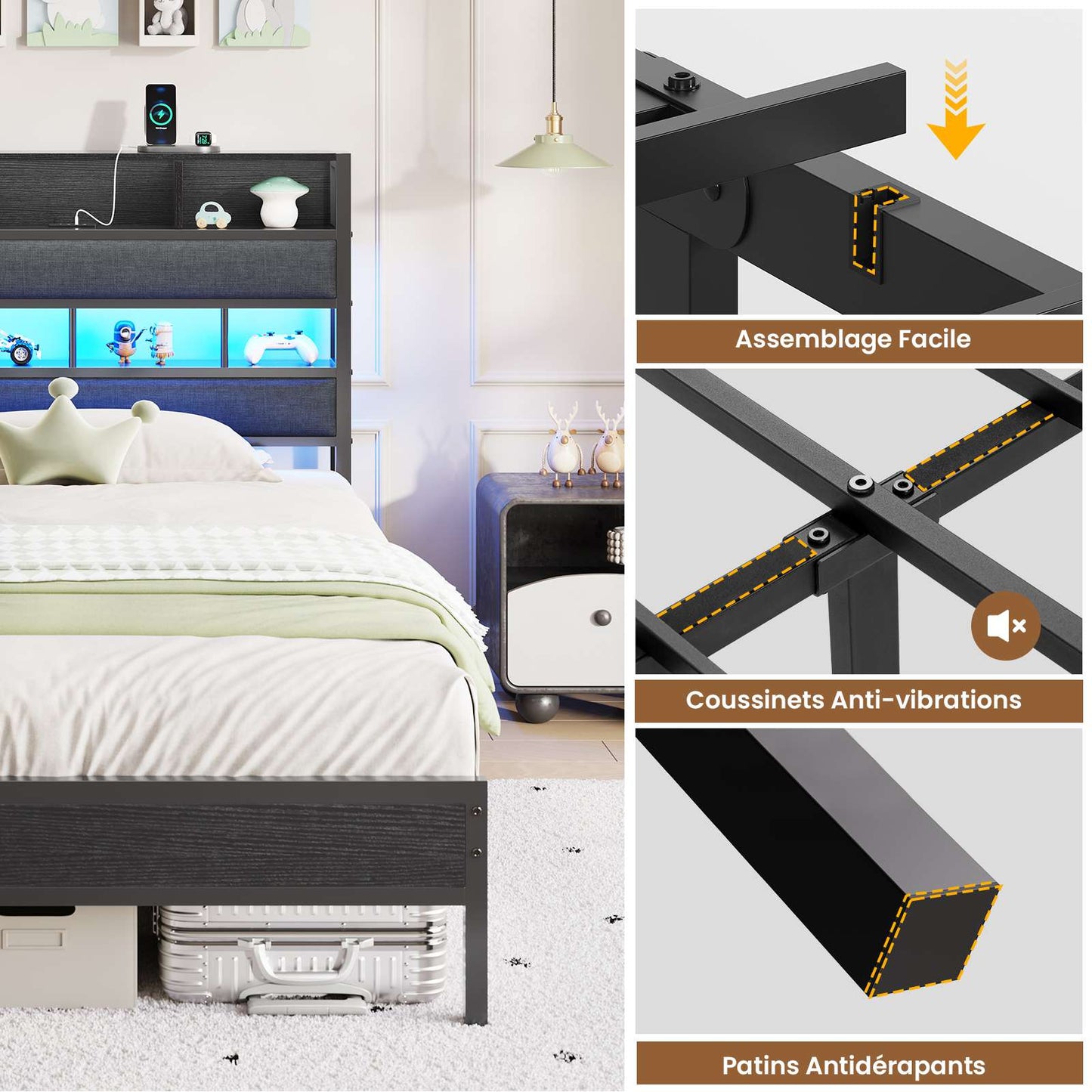 AOGLLATI Lit 90x200 avec Sommier en Métal Noir Lit Double avec Multiprise USB Ruban LED et 3 Étagères Ouvertes