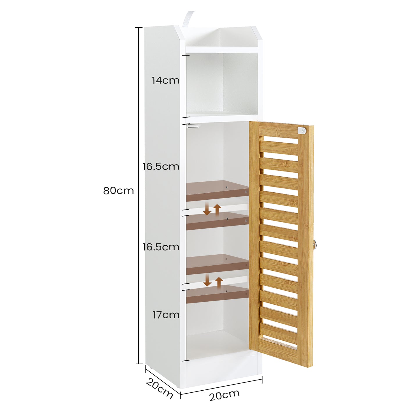 Meuble de rangement de salle de bains AOGLLATI équipé de 2 étagères réglables et de 2 espaces de rangement ouverts coiffeuse avec portes en bambou dimensions : 20 x 20 x 80 cm blanc