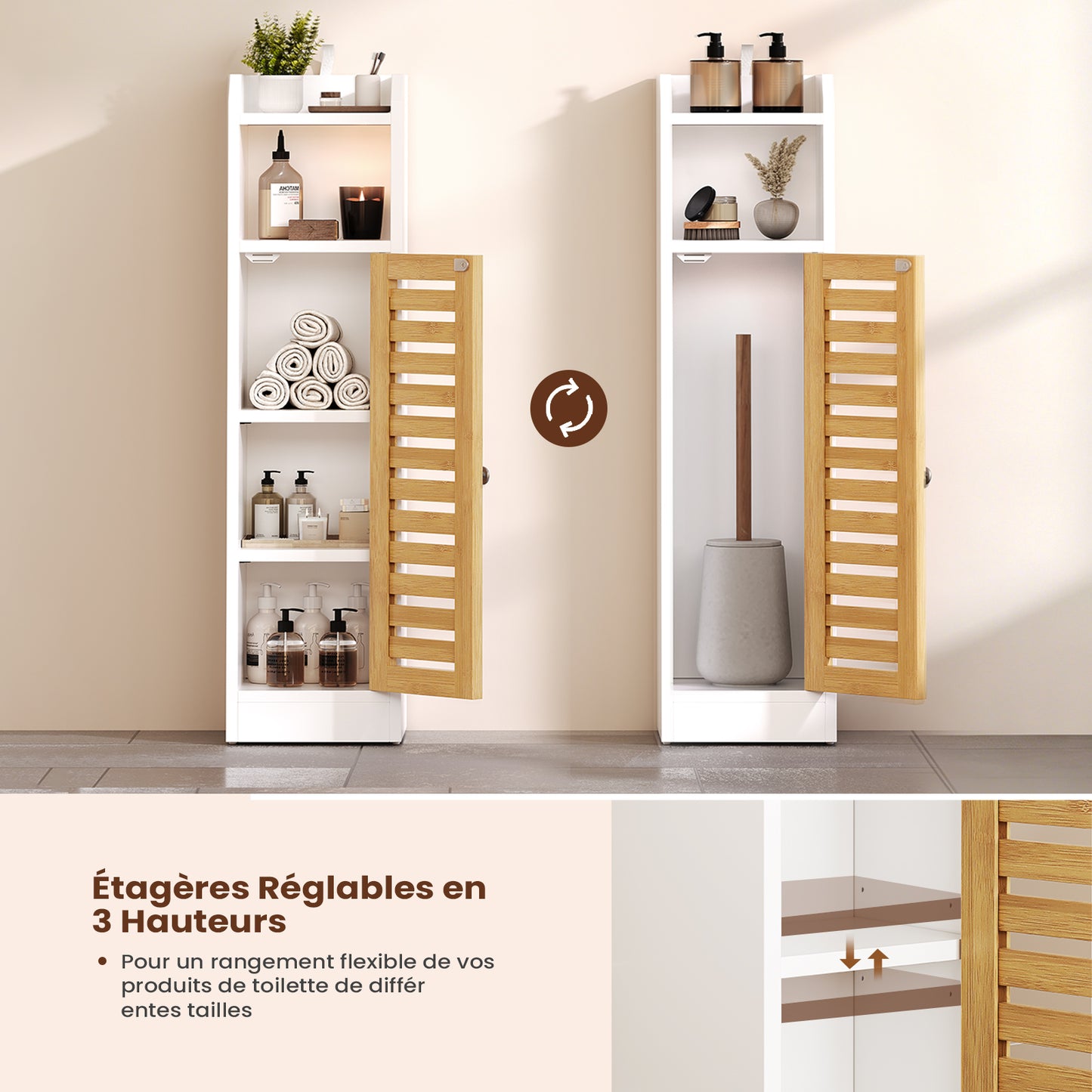 Meuble de rangement de salle de bains AOGLLATI équipé de 2 étagères réglables et de 2 espaces de rangement ouverts coiffeuse avec portes en bambou dimensions : 20 x 20 x 80 cm blanc