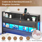 AOGLLATI Lit 90x200 avec Sommier en Métal Noir Lit Double avec Multiprise USB Ruban LED et 3 Étagères Ouvertes