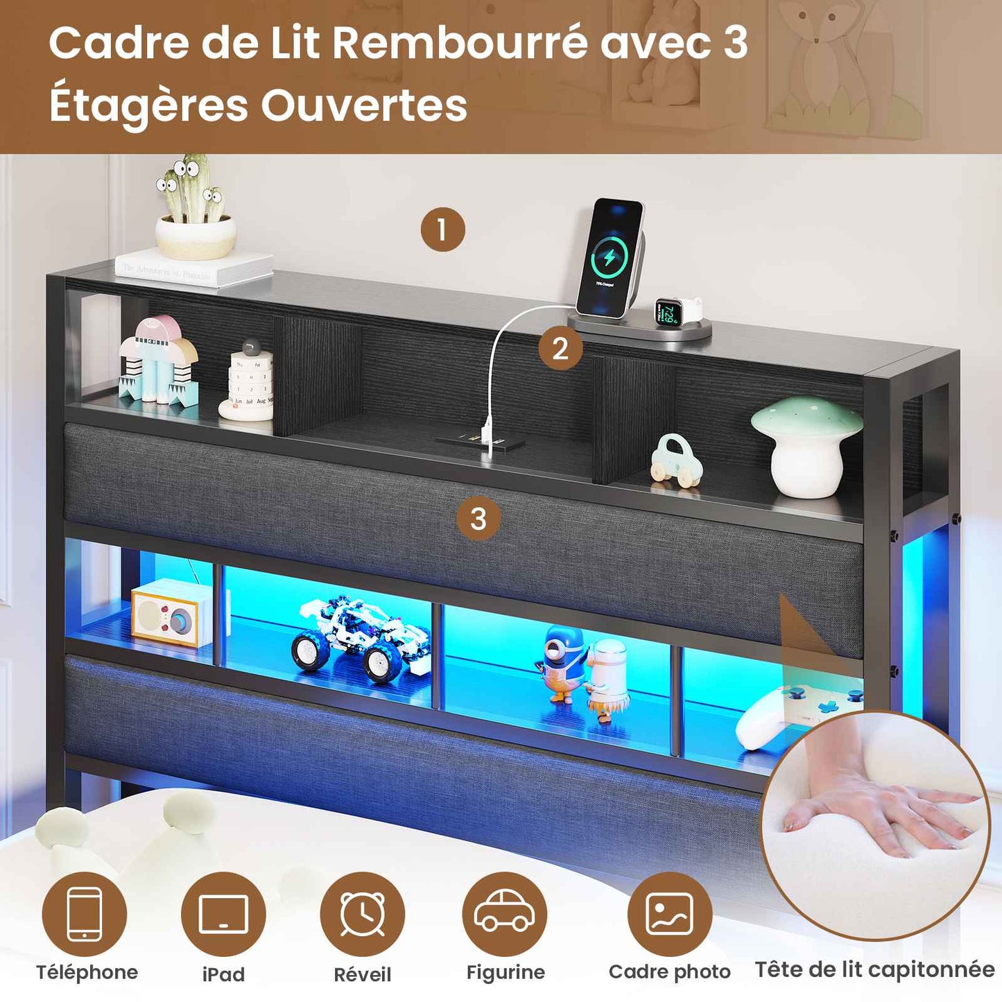 AOGLLATI Lit 90x200 avec Sommier en Métal Noir Lit Double avec Multiprise USB Ruban LED et 3 Étagères Ouvertes