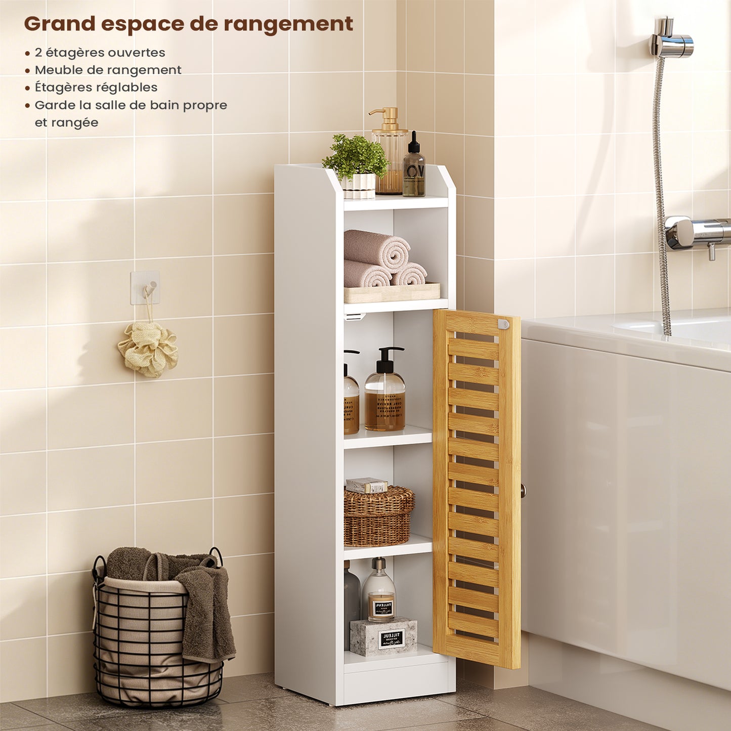 Meuble de rangement de salle de bains AOGLLATI équipé de 2 étagères réglables et de 2 espaces de rangement ouverts coiffeuse avec portes en bambou dimensions : 20 x 20 x 80 cm blanc