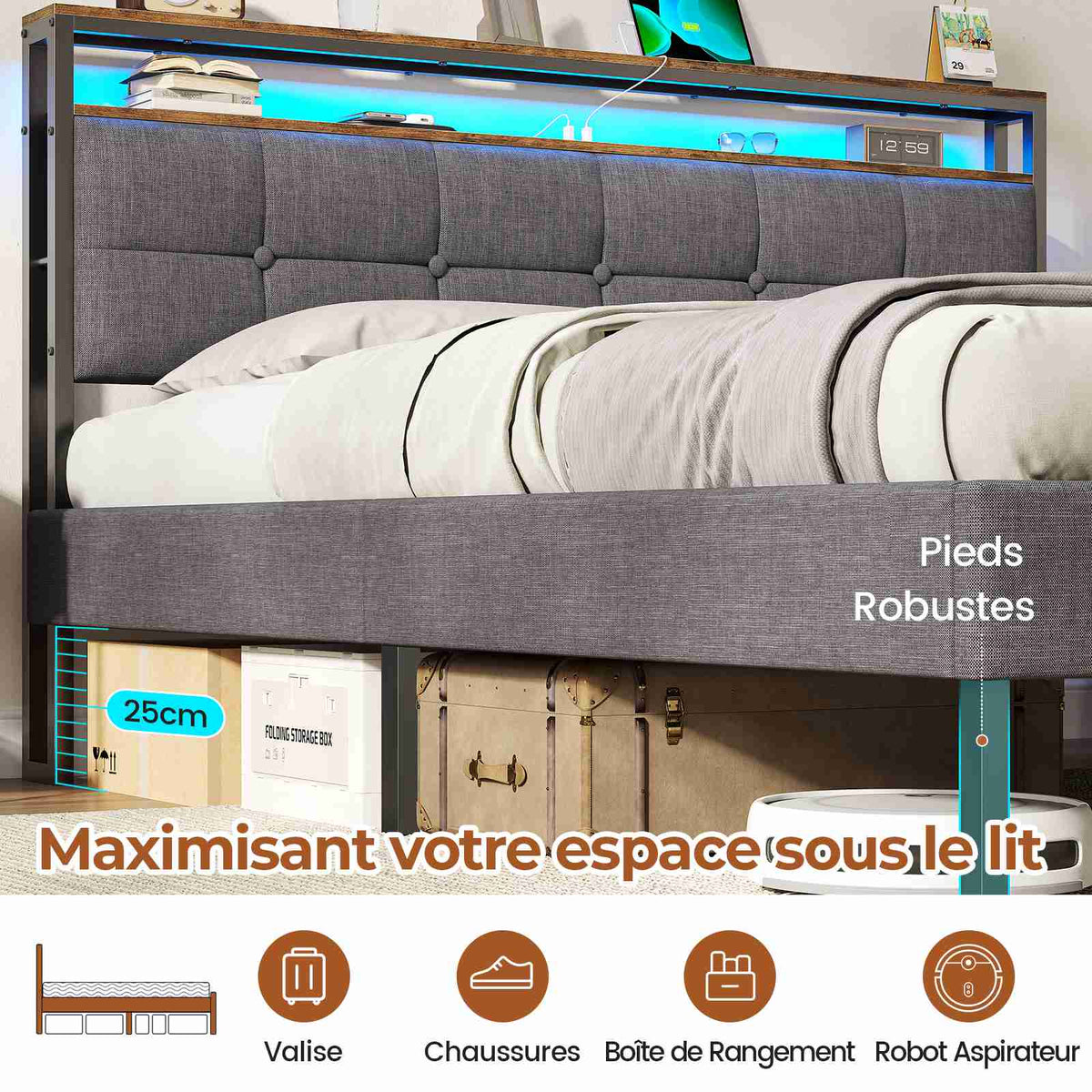 Lit double AOGLLATI 160 x 200 avec multiprise et éclairage LED réglable équipé d'un sommier métallique