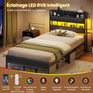 AOGLLATI Lit 90x200 avec Sommier en Métal Noir Lit Double avec Multiprise USB Ruban LED et 3 Étagères Ouvertes