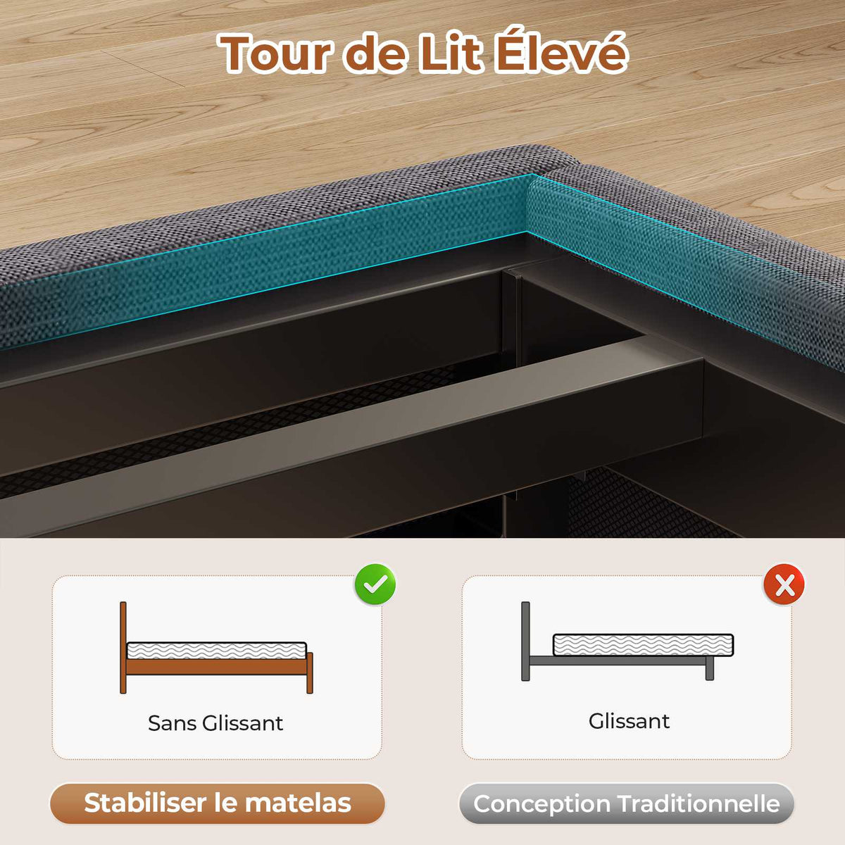 Lit double AOGLLATI 160 x 200 avec multiprise et éclairage LED réglable équipé d'un sommier métallique
