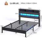 AOGLLATI Lit 140x190 avec Sommier en Métal Noir Lit Double avec Multiprise USB Ruban LED et 3 Étagères Ouvertes