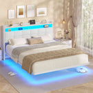 Lit suspendu AOGLLATI 160 × 200 cm avec éclairage LED et multiprise tête de lit rembourrée avec espace de rangement tissu en lin