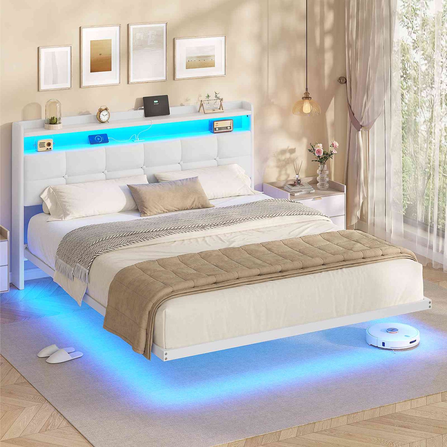Lit suspendu AOGLLATI 160 × 200 cm avec éclairage LED et multiprise tête de lit rembourrée avec espace de rangement tissu en lin