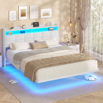 Lit suspendu AOGLLATI 160 × 200 cm avec éclairage LED et multiprise tête de lit rembourrée avec espace de rangement tissu en lin