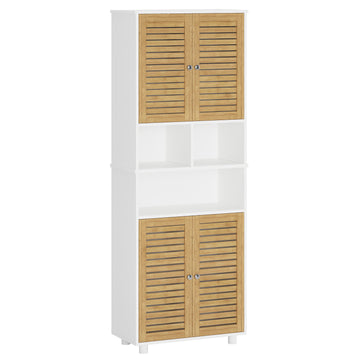 AOGLLATI Meuble Colonne de Salle de Bain Armoire Haute Cuisine avec 3 Étagères Réglables et Ouvertes 4 Portes en Bambou Meuble de Rangement pour Salon Cuisine Salle de Bain 60x30x170 cm