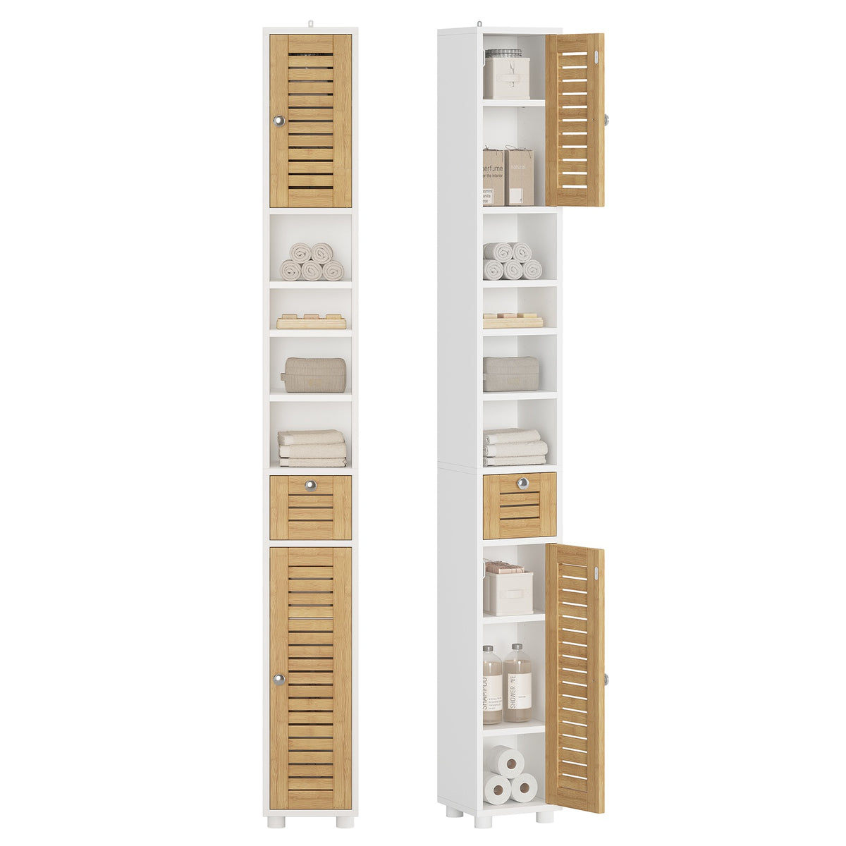 AOGLLATI Meuble de salle de bains meuble de rangement comprenant 4 étagères ouvertes 2 portes en bambou et 1 tiroir avec une étagère réglable sur le dessus 22 x 20 x 180 cm