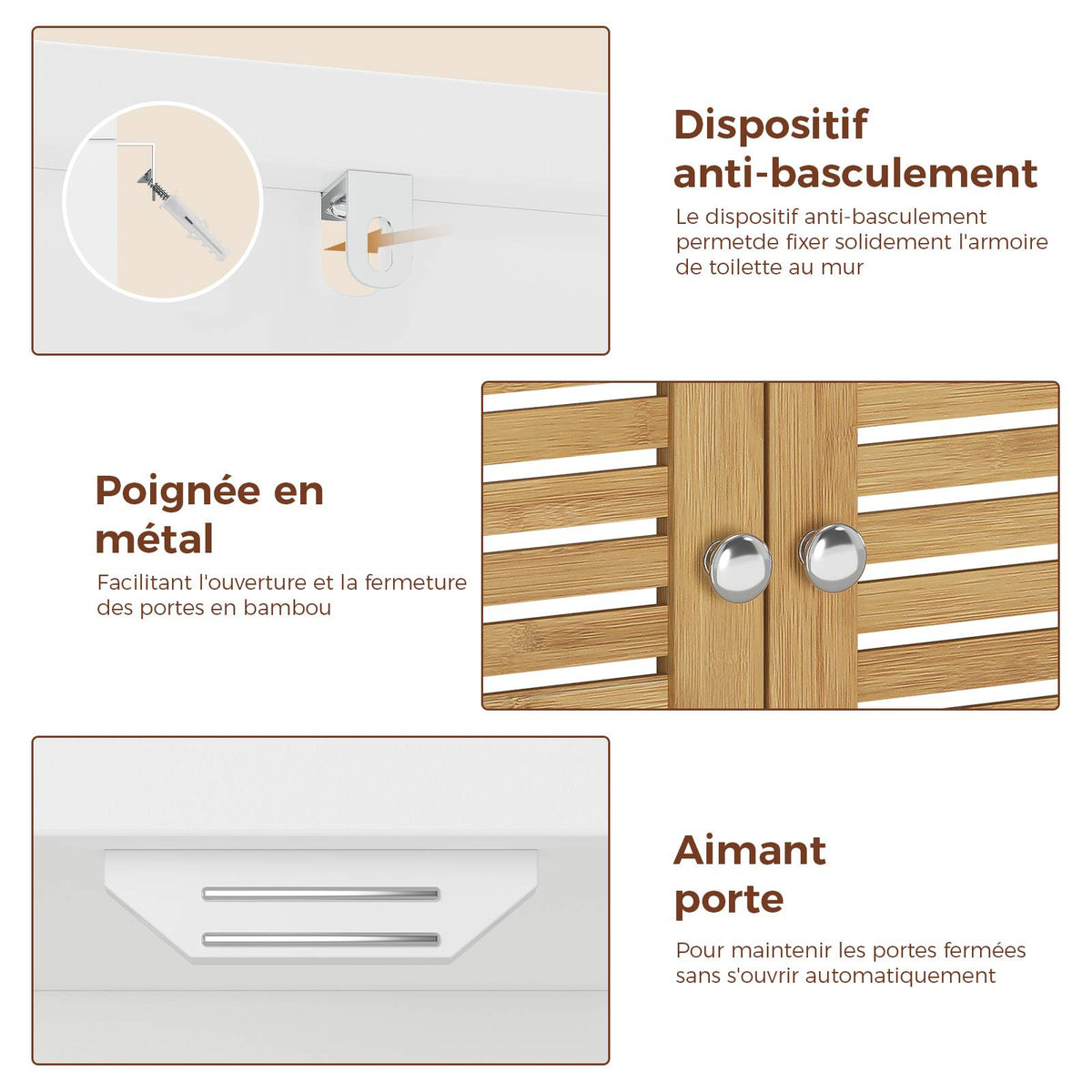 AOGLLATI Meuble Colonne de Salle de Bain Armoire Haute Cuisine avec 3 Étagères Réglables et Ouvertes 4 Portes en Bambou Meuble de Rangement pour Salon Cuisine Salle de Bain 60x30x170 cm