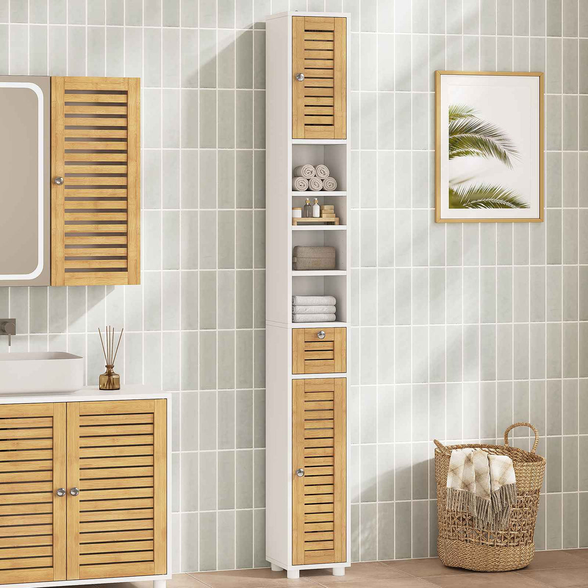 AOGLLATI Meuble de salle de bains meuble de rangement comprenant 4 étagères ouvertes 2 portes en bambou et 1 tiroir avec une étagère réglable sur le dessus 22 x 20 x 180 cm