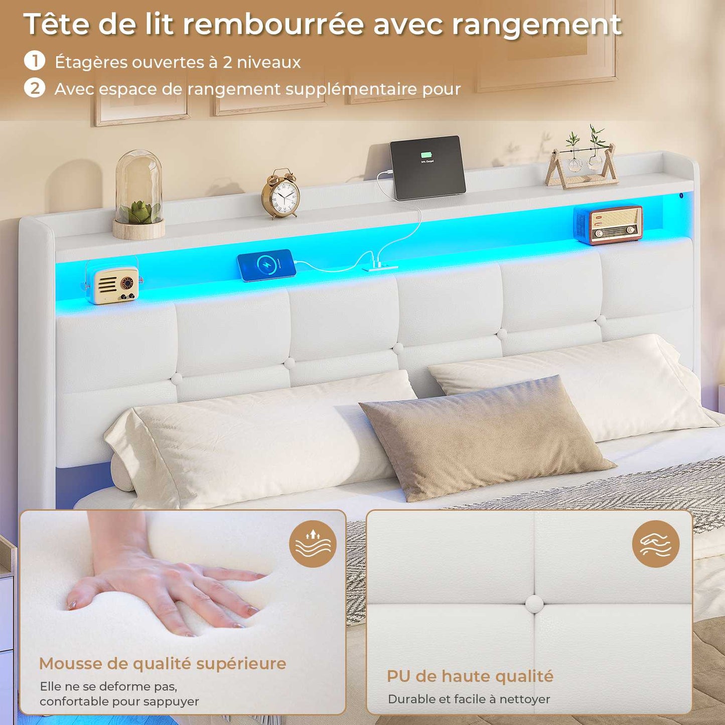 Lit suspendu AOGLLATI 160 × 200 cm avec éclairage LED et multiprise tête de lit rembourrée avec espace de rangement tissu en lin