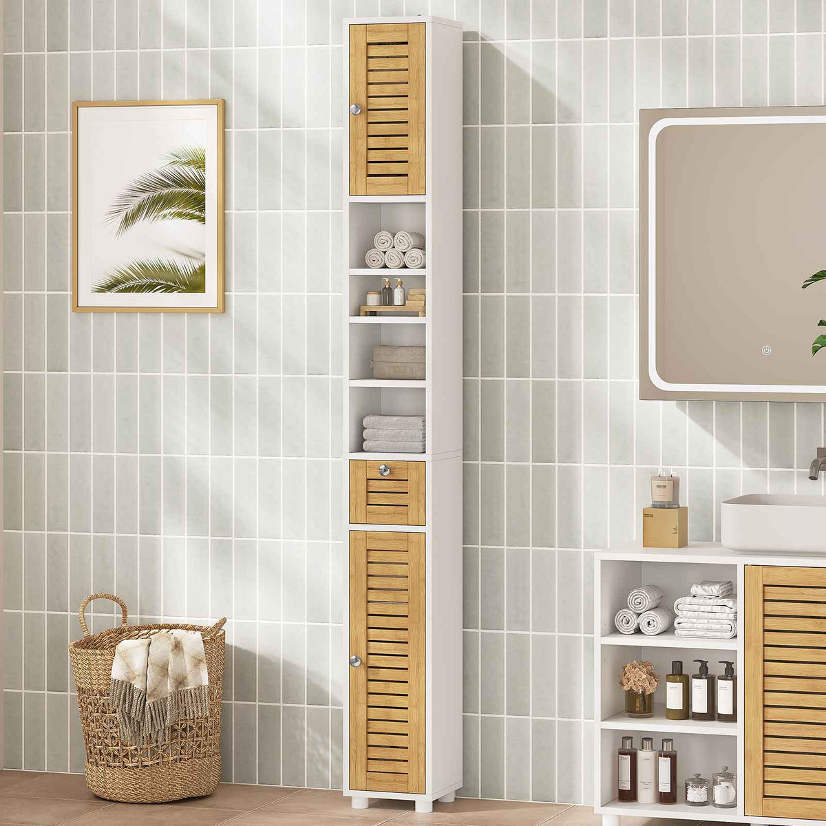 AOGLLATI Meuble de salle de bains meuble de rangement comprenant 4 étagères ouvertes 2 portes en bambou et 1 tiroir avec une étagère réglable sur le dessus 22 x 20 x 180 cm