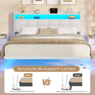 Lit suspendu AOGLLATI 160 × 200 cm avec éclairage LED et multiprise tête de lit rembourrée avec espace de rangement tissu en lin