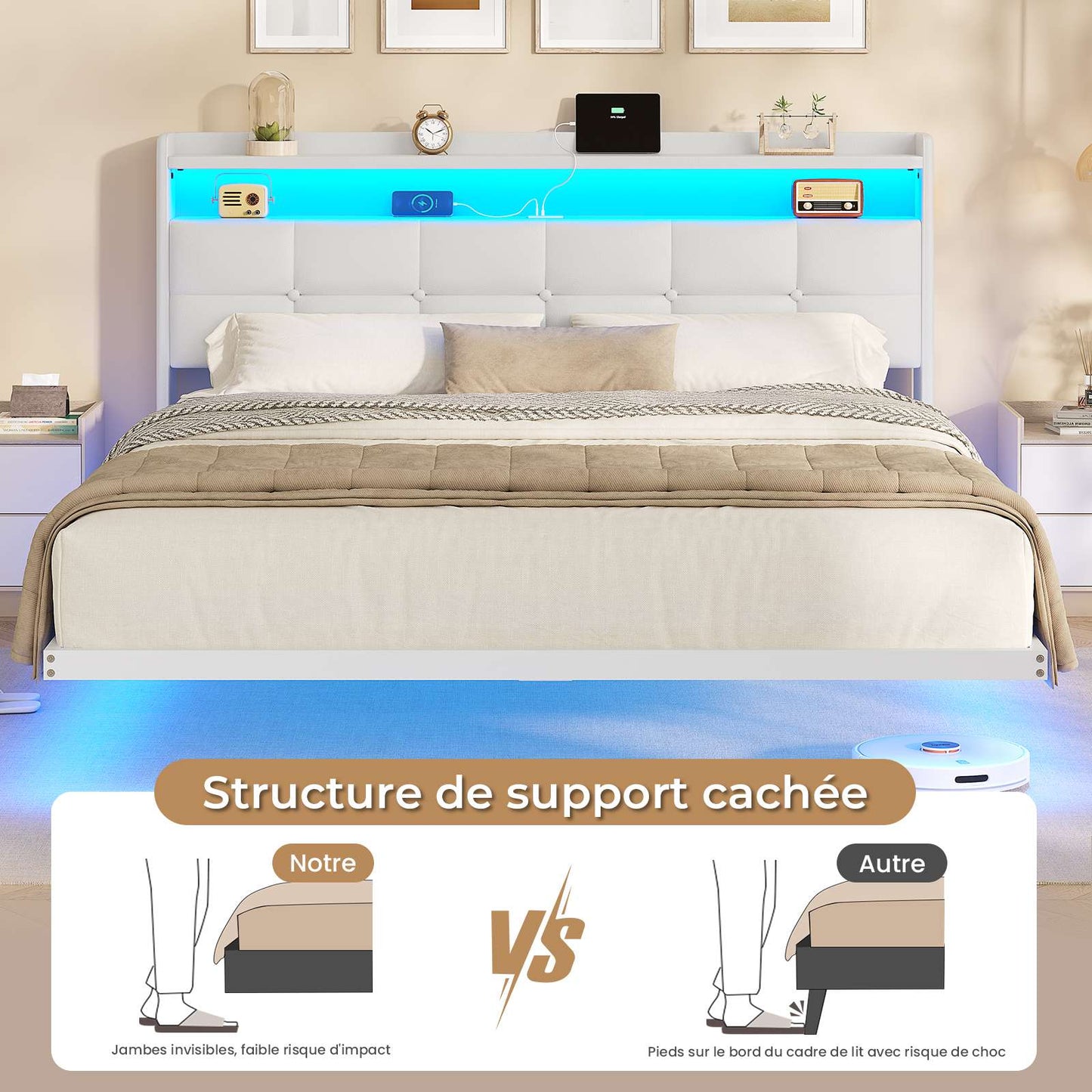 Lit suspendu AOGLLATI 160 × 200 cm avec éclairage LED et multiprise tête de lit rembourrée avec espace de rangement tissu en lin