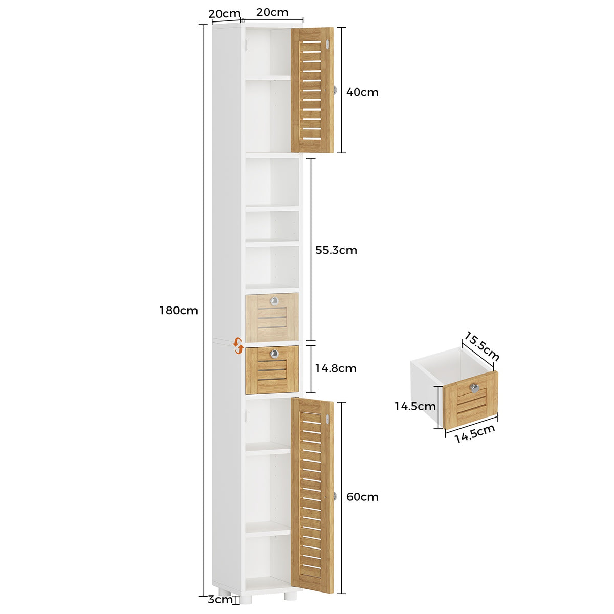 AOGLLATI Meuble de salle de bains meuble de rangement comprenant 4 étagères ouvertes 2 portes en bambou et 1 tiroir avec une étagère réglable sur le dessus 22 x 20 x 180 cm