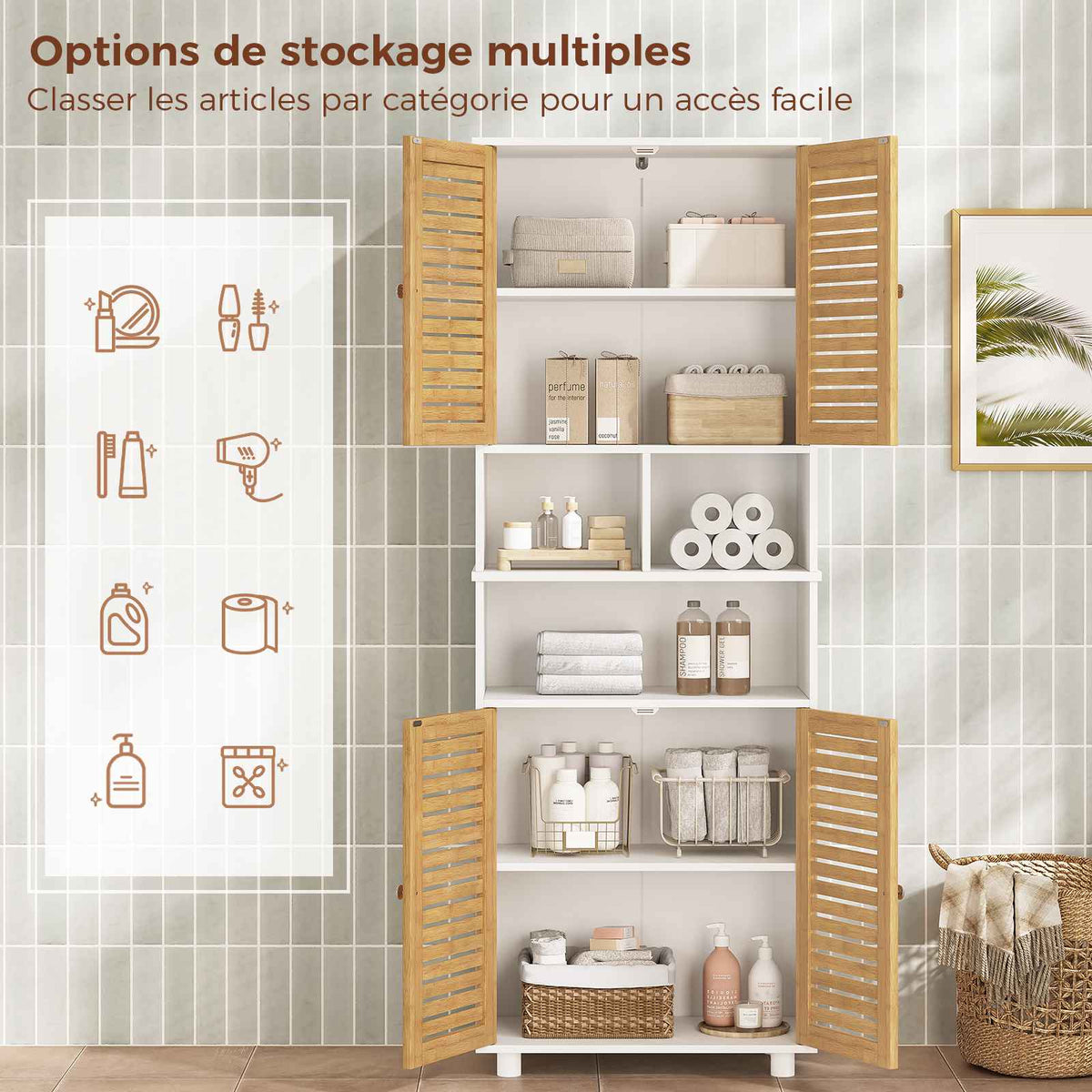 AOGLLATI Meuble Colonne de Salle de Bain Armoire Haute Cuisine avec 3 Étagères Réglables et Ouvertes 4 Portes en Bambou Meuble de Rangement pour Salon Cuisine Salle de Bain 60x30x170 cm