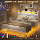 Lit suspendu AOGLLATI 160 × 200 cm avec éclairage LED et multiprise tête de lit rembourrée avec espace de rangement tissu en lin