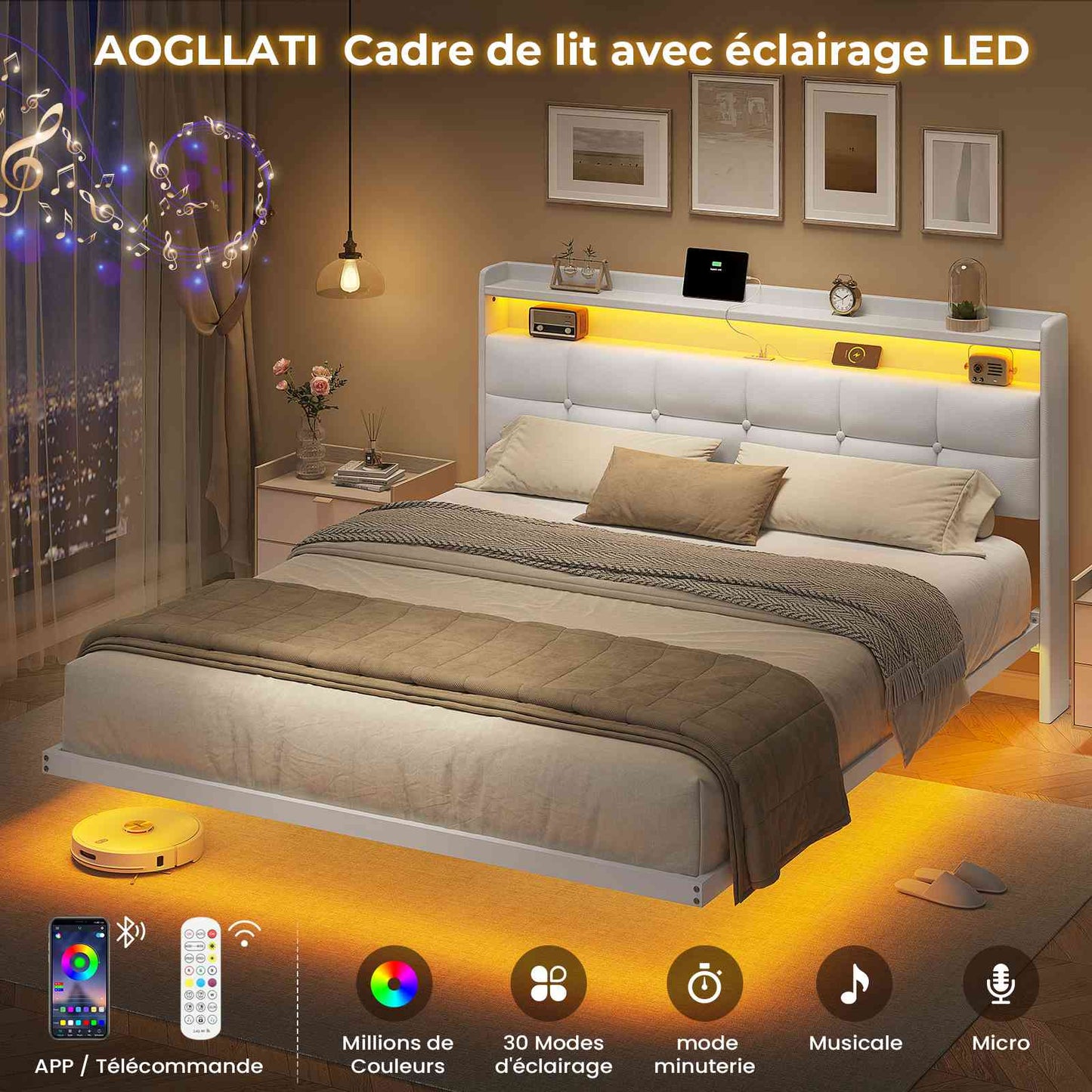 Lit suspendu AOGLLATI 160 × 200 cm avec éclairage LED et multiprise tête de lit rembourrée avec espace de rangement tissu en lin