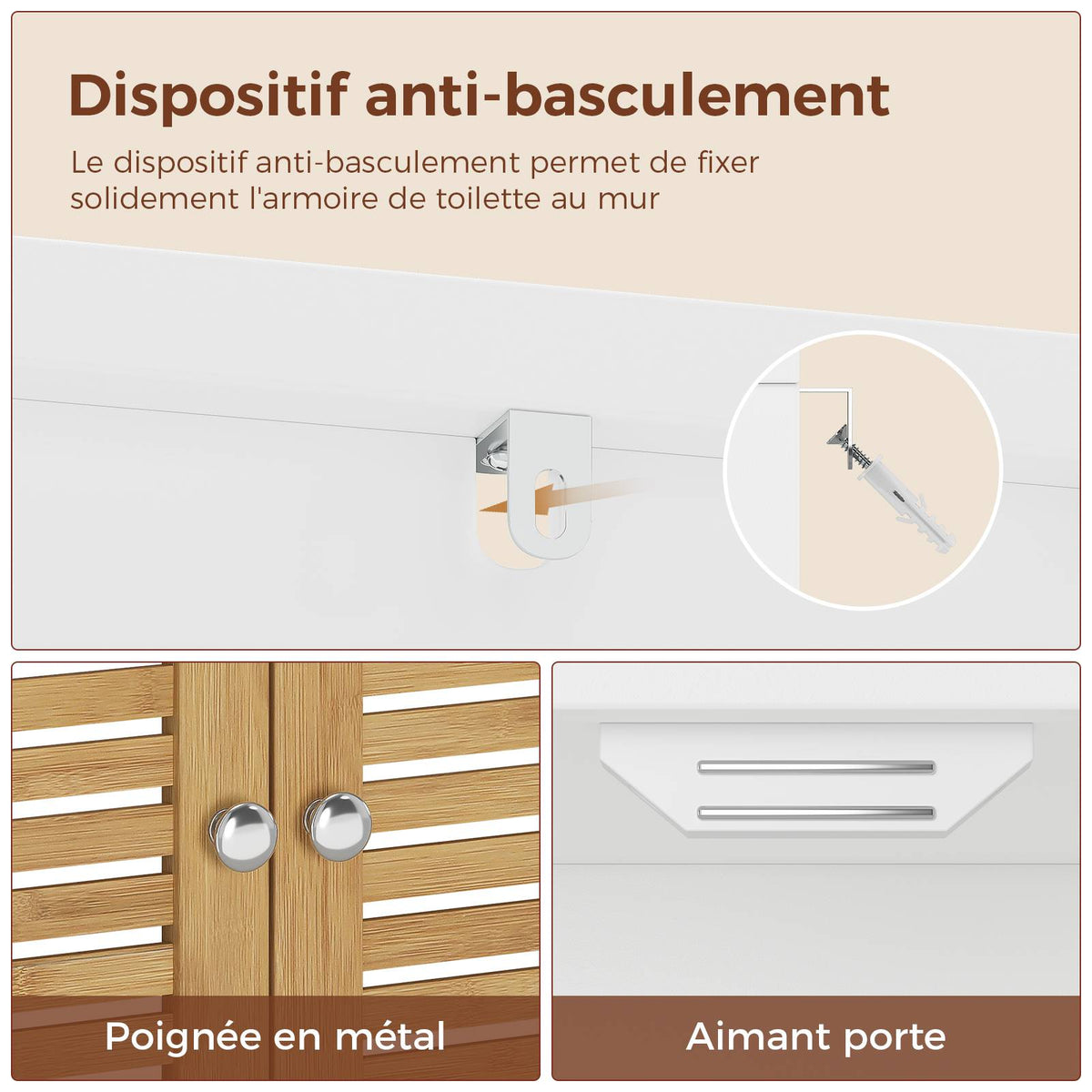 AOGLLATI Meuble Colonne de Salle de Bain Armoire Haute Cuisine avec 3 Étagères Réglables et Ouvertes 4 Portes en Bambou Meuble de Rangement pour Salon Cuisine Salle de Bain 60x30x170 cm
