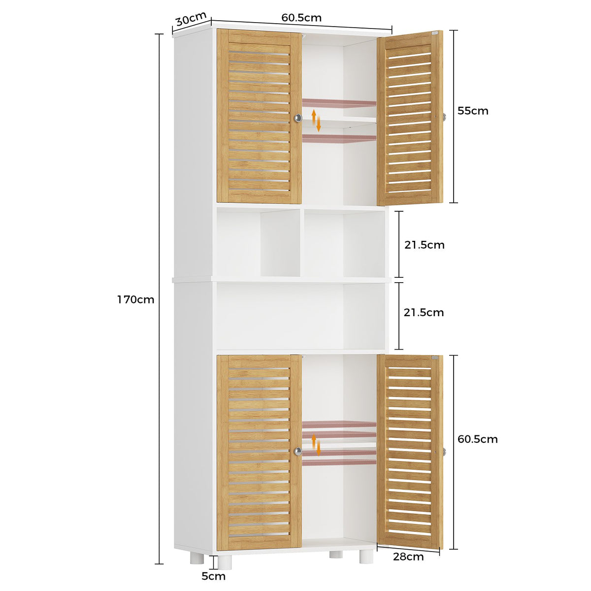 AOGLLATI Meuble Colonne de Salle de Bain Armoire Haute Cuisine avec 3 Étagères Réglables et Ouvertes 4 Portes en Bambou Meuble de Rangement pour Salon Cuisine Salle de Bain 60x30x170 cm