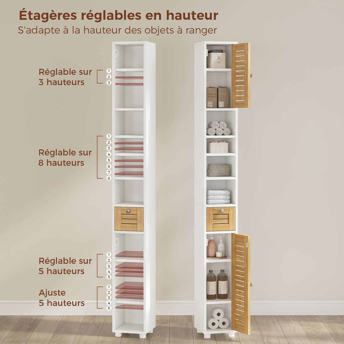 AOGLLATI Meuble de salle de bains meuble de rangement comprenant 4 étagères ouvertes 2 portes en bambou et 1 tiroir avec une étagère réglable sur le dessus 22 x 20 x 180 cm