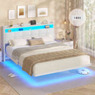 Lit suspendu AOGLLATI 160 × 200 cm avec éclairage LED et multiprise tête de lit rembourrée avec espace de rangement tissu en lin