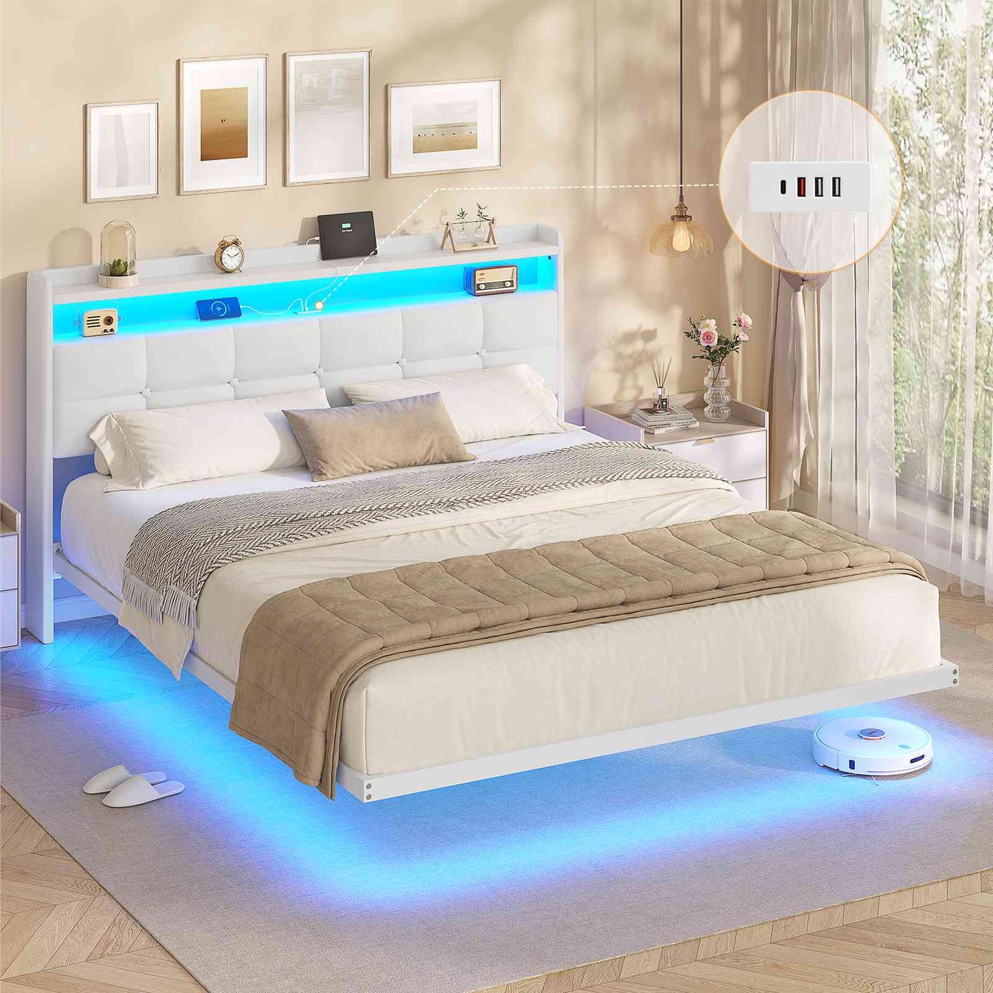 Lit suspendu AOGLLATI 160 × 200 cm avec éclairage LED et multiprise tête de lit rembourrée avec espace de rangement tissu en lin