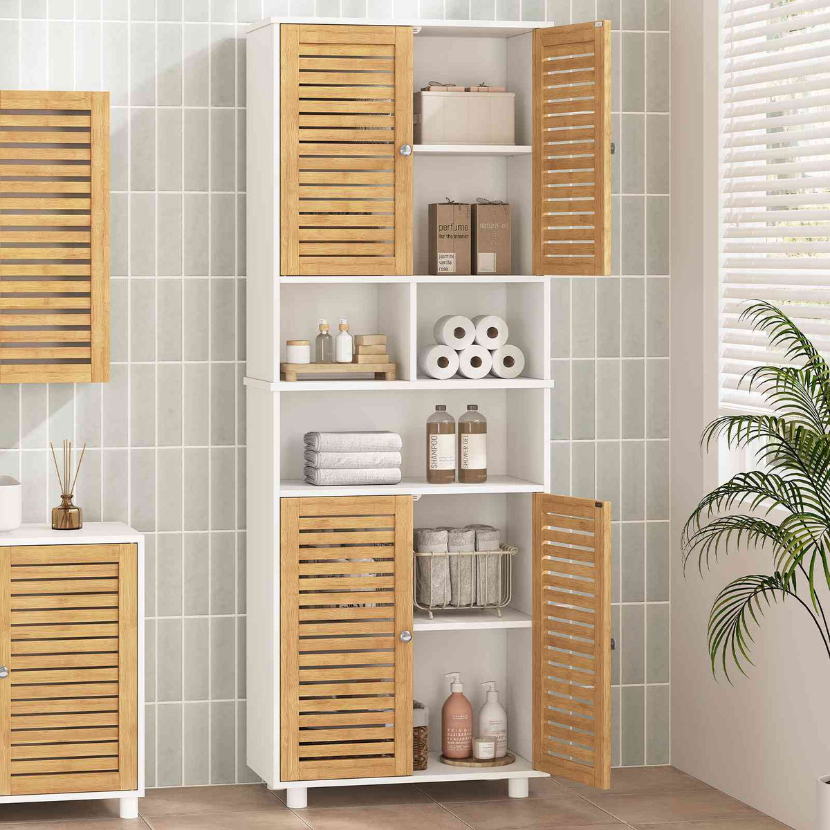 AOGLLATI Meuble Colonne de Salle de Bain Armoire Haute Cuisine avec 3 Étagères Réglables et Ouvertes 4 Portes en Bambou Meuble de Rangement pour Salon Cuisine Salle de Bain 60x30x170 cm