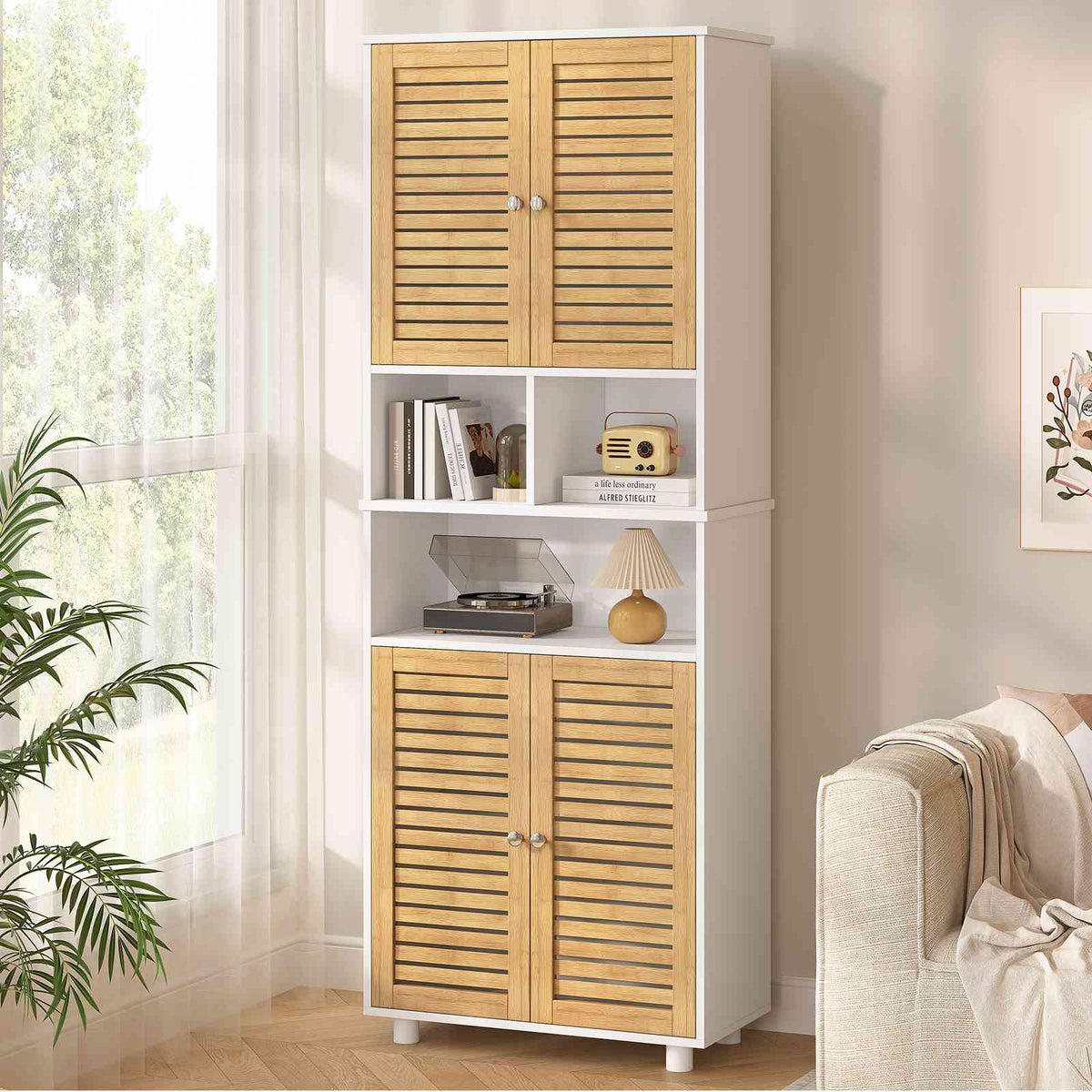 AOGLLATI Meuble Colonne de Salle de Bain Armoire Haute Cuisine avec 3 Étagères Réglables et Ouvertes 4 Portes en Bambou Meuble de Rangement pour Salon Cuisine Salle de Bain 60x30x170 cm