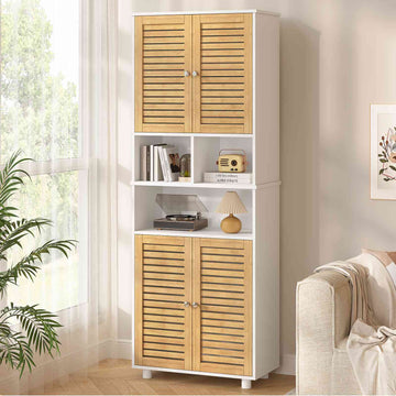 AOGLLATI Meuble Colonne de Salle de Bain Armoire Haute Cuisine avec 3 Étagères Réglables et Ouvertes 4 Portes en Bambou Meuble de Rangement pour Salon Cuisine Salle de Bain 60x30x170 cm