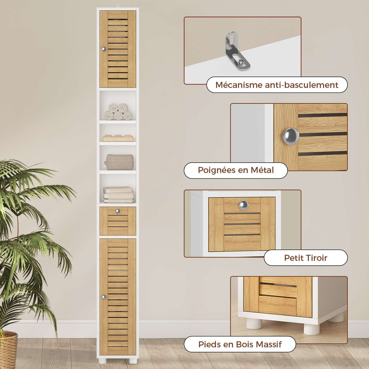AOGLLATI Meuble de salle de bains meuble de rangement comprenant 4 étagères ouvertes 2 portes en bambou et 1 tiroir avec une étagère réglable sur le dessus 22 x 20 x 180 cm