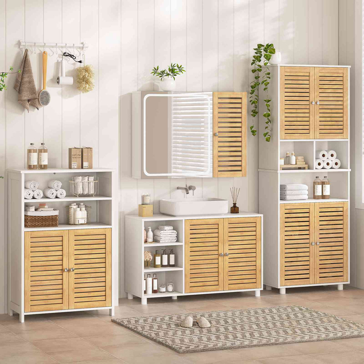 AOGLLATI Meuble Colonne de Salle de Bain Armoire Haute Cuisine avec 3 Étagères Réglables et Ouvertes 4 Portes en Bambou Meuble de Rangement pour Salon Cuisine Salle de Bain 60x30x170 cm