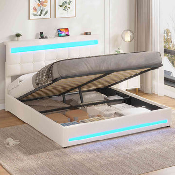 AOGLLATI 160 × 200 cm  lit double avec éclairage LED et port USB, espace de rangement tête de lit réglable sommier à lattes rembourré