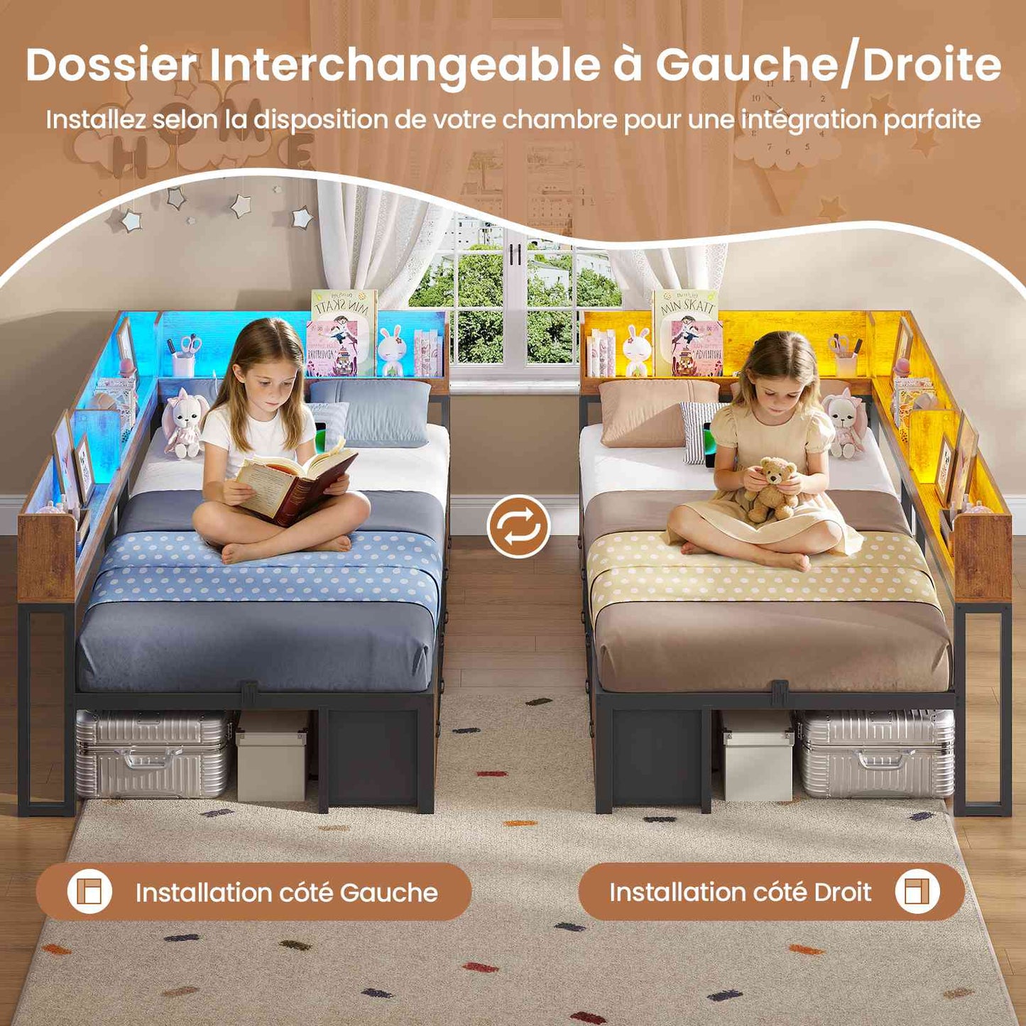 Canapé-lit AOGLLATI à dossier rabattable avec éclairage LED et multiprise lit 90 x 190 avec sommier métallique 3 compartiments de rangement ouverts et 6 tiroirs